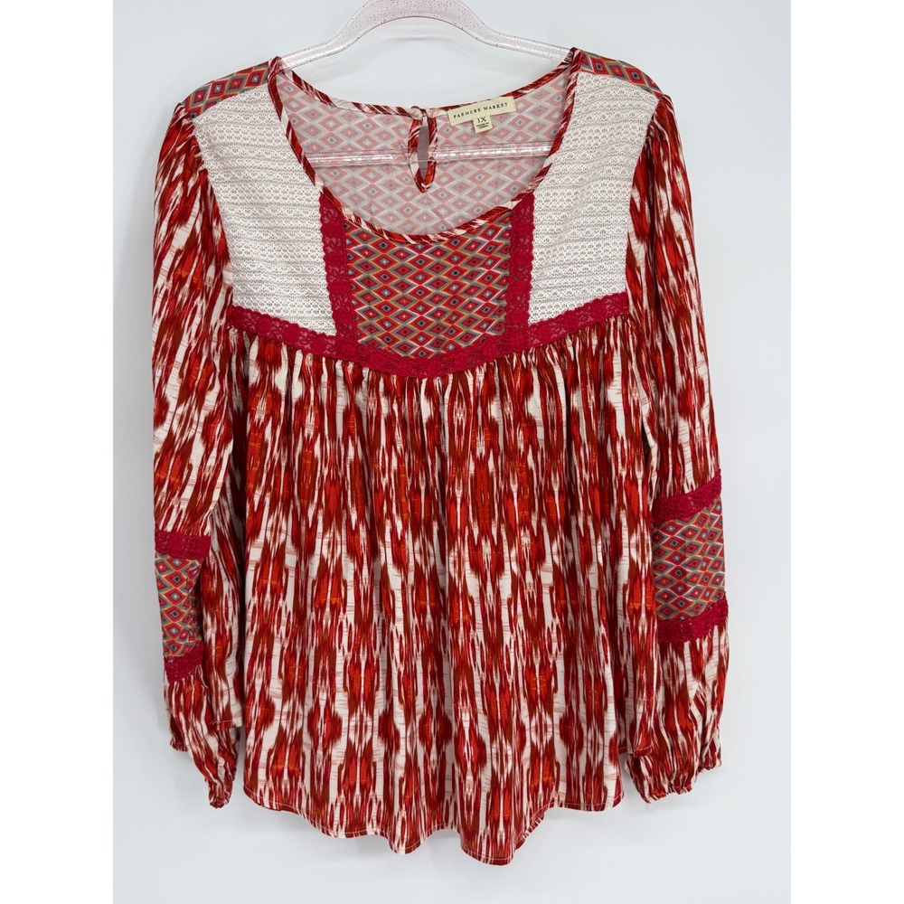 Farmers Market Womens Plus Size 1X Red Ikat Print‎ Tunic Top Lace Trim Boho